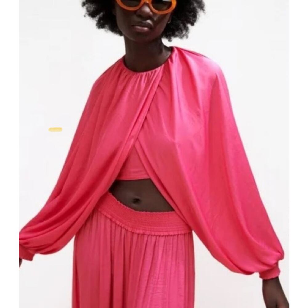 Zara Top Crop Balloon Statement Sleeve Hot Pink‎ Bloggers Favorite Small